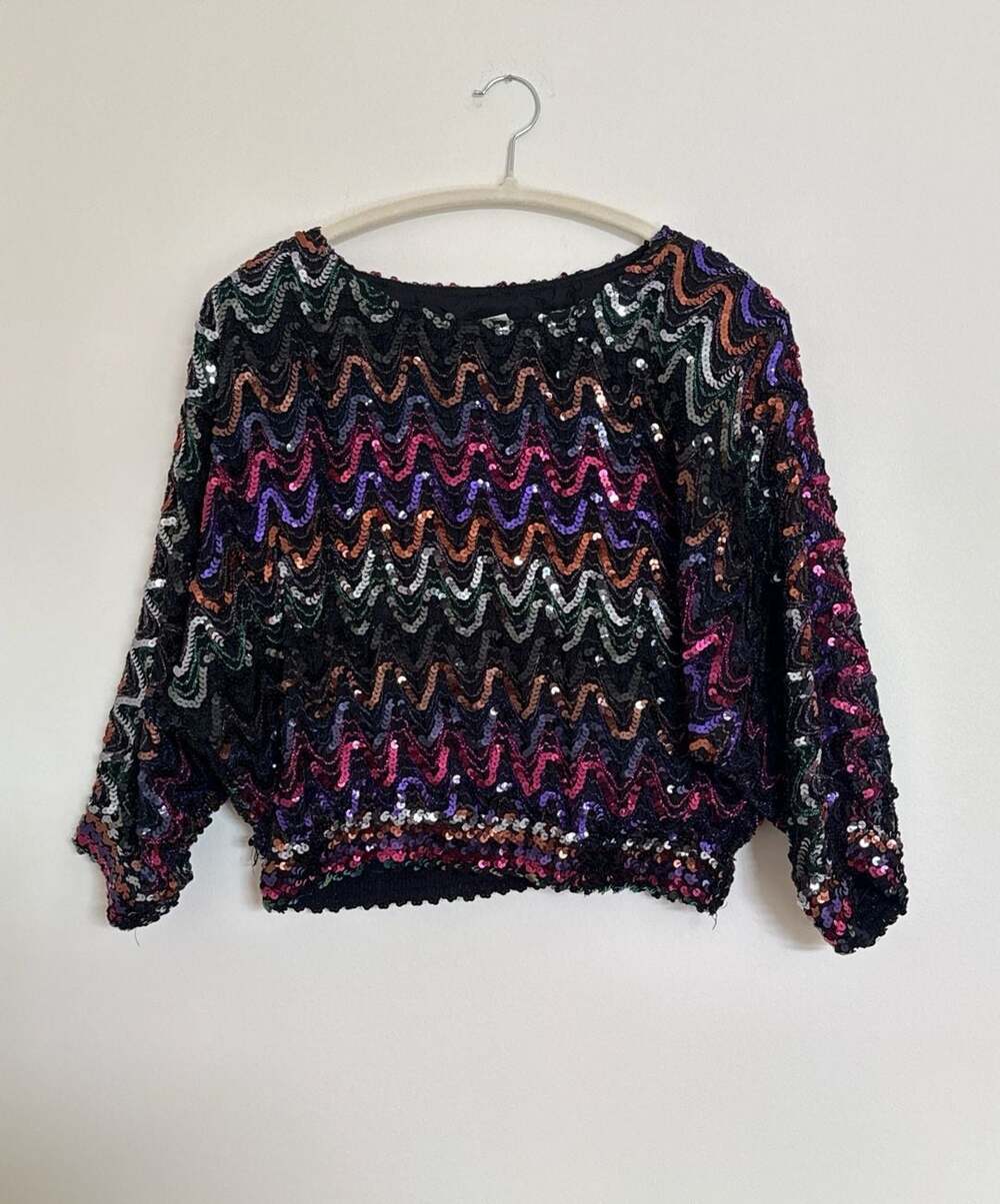 Vintage Sequined Batwing Chevron Stripe Sweater Multicolor petite M